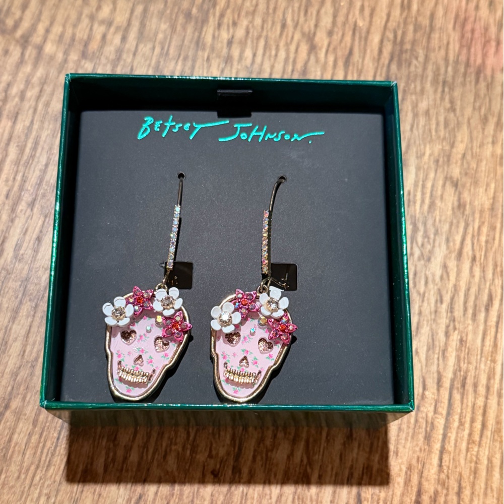 Betsey Johnson Pink and White Floral Skull Earrings